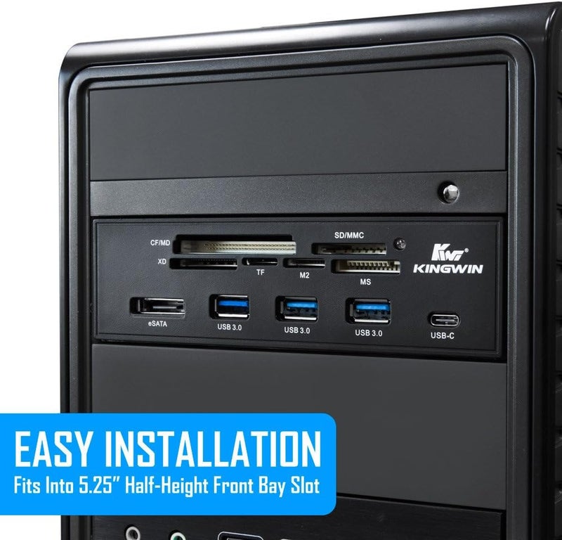KingWin Powered USB Hub 3.0 w/ 1 USB-C Port, SD Card Reader & Micro SD Card Reader - Sata Power Port w/Lightning Speed Data Transfer Up to 5Gbps - 5.25" Computer Case Front Bay, black (KW525-3U3CR) - Image 2